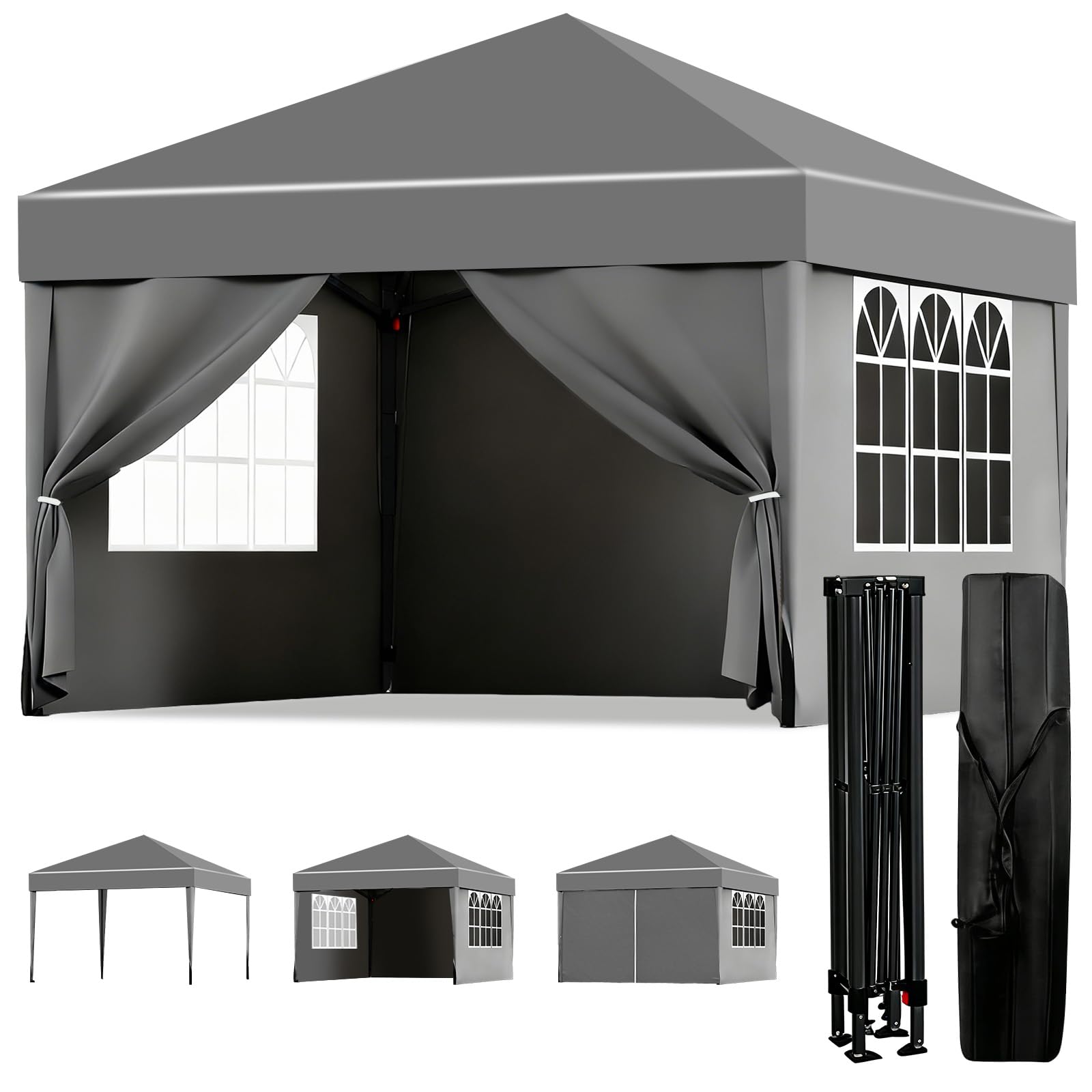 ISE Pavillon 3x3 mit 4 Seitenwänden, Faltpavillon 3x3 Stabil inkl.Tragtasche, Pavillion Stabil Winterfest UV-Schutz 50+,Partyzelt höhenverstellbar, Gartenpavillon Pop up für Outdoor & Camping Grau