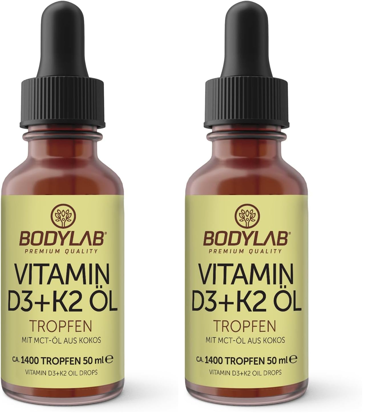Bodylab24 Vitamin D3 + K2 Öl Tropfen 50ml, hochkonzentrierte Drops, enthält 1000 IE (25 mcg) Vitamin D3 und 20 mcg Vitamin K2 pro Tagesdosis, mit MCT-Öl aus Kokos (Packung mit 2)
