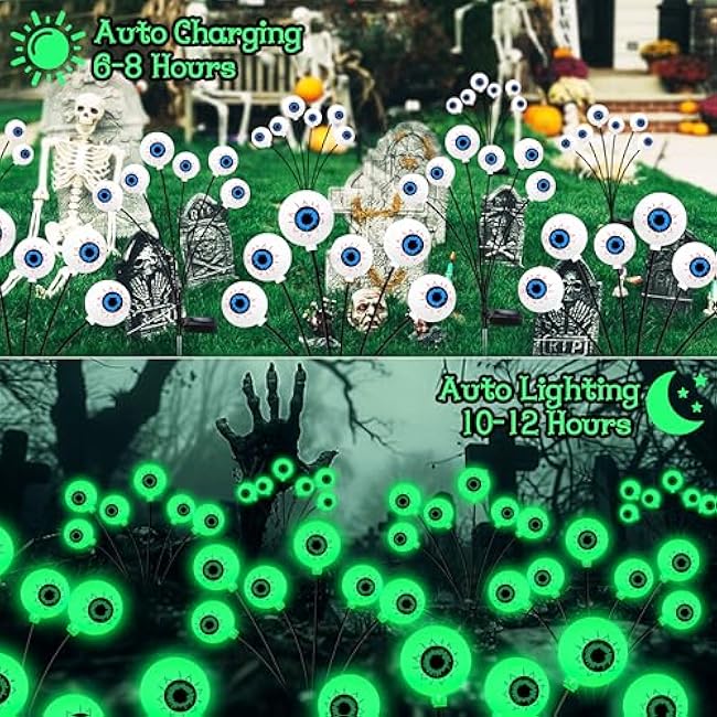 Kohlrabi Halloween Decorations Outdoor, 4 Pack 24 LED Solar Scary Eyeball Swaying Lights, Green Solar Firefly Lights Waterproof Outdoor Garden Light for Halloween Yard Garden Lawn Party Flower Bed