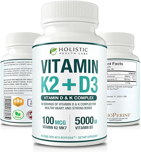 Vitamina K2 + D3 de absorción máxima (5000UI), 90 cápsulas vegetales de MK-7 (Menaquinona-7) y colecalciferol (con BioPerina) Suministro de 3 meses