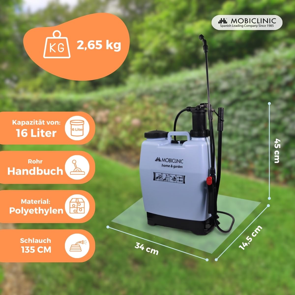 Mobiclinic®, Rückenspritz, 16 L, Gartenarbeit, Pumpendruck, 4 Verstellbare Düsen, Leichtgewicht 2 kg, Sprühgerät, Bewässerung, Schädlingsbekämpfung, Pflanzenpflege, Fumibug