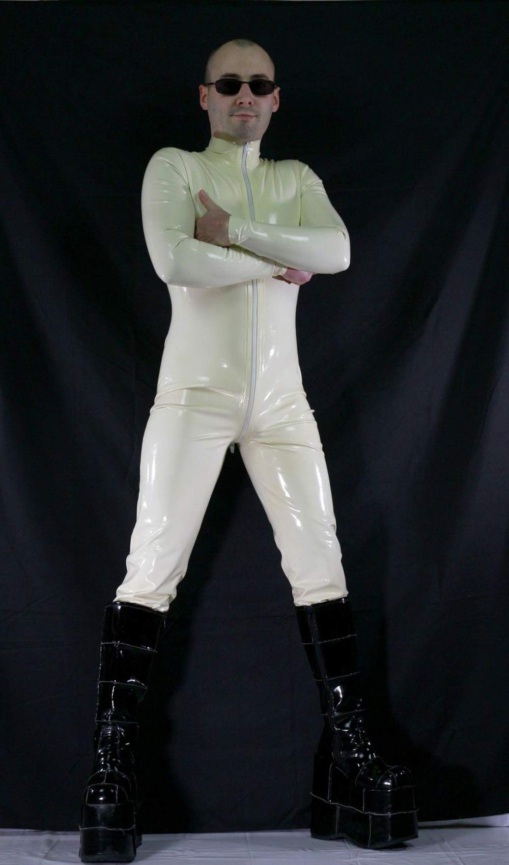 Latex Rubber Front-Zip Catsuit, white, size M