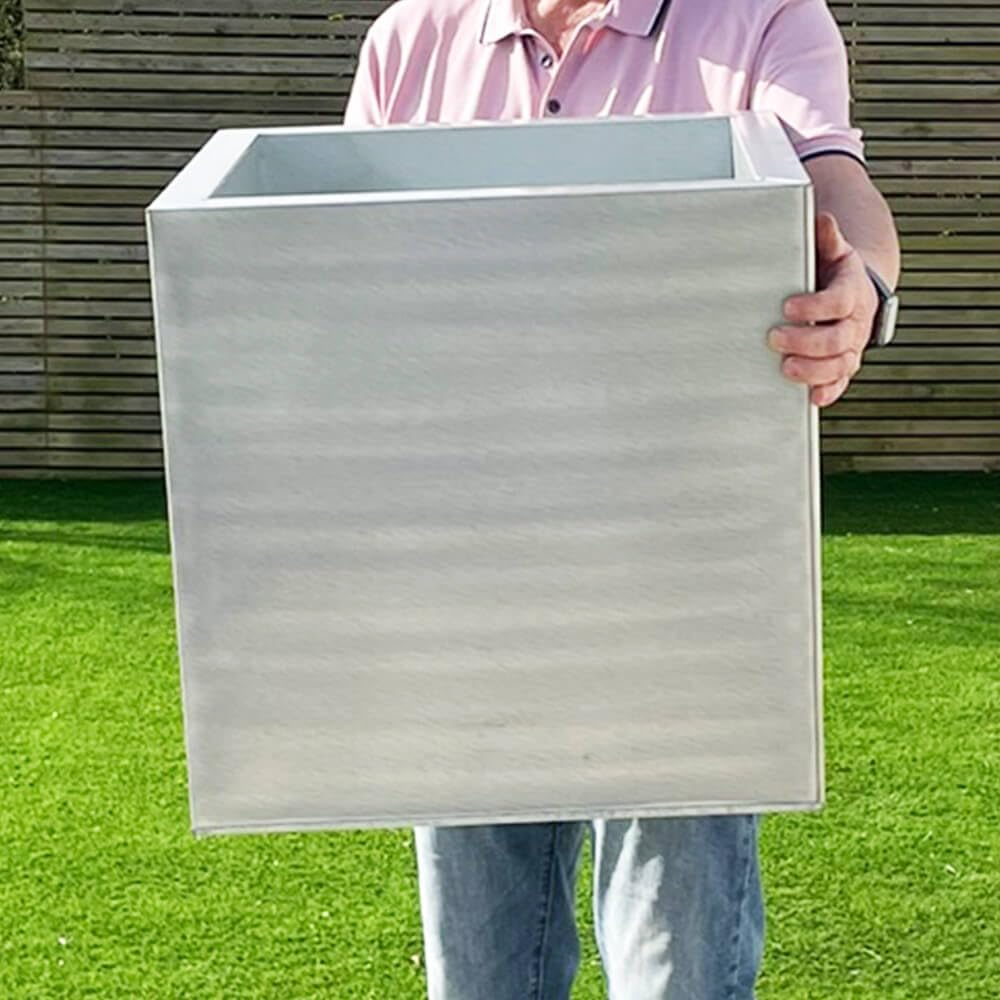 Gardening Naturally Silver Aluzinc Cube Planter - Zinc Lightweight Outdoor Patio Garden Pot With Drainage, Weatherproof & Corrosion-Resistant, 10-Year Warranty - Small/Medium/Large (50Cm)