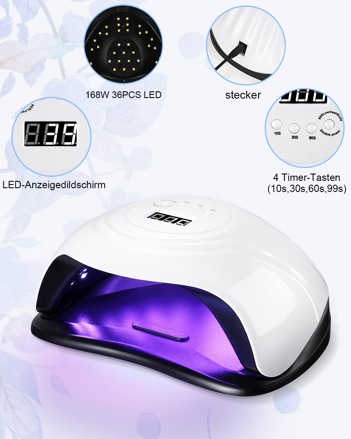 168 W Lampada UV Asciuga Unghie Lampade per Unghie Professionali, Asciugatura Rapida 4 Timer di 10s/30s/60s/99s,36 LED, Grande LCD Display Base Smontabile (Classic-White)