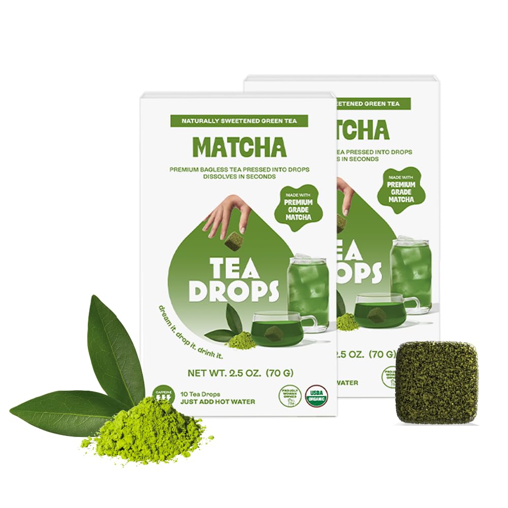 Tea Drops Matcha Green Tea | Dissolvable Bagless Loose Leaf Tea | Energy Boost, Vitamin-Rich, Caffeinated, Naturally Sweetened | Iced or Hot | Gift Set 2 Pack - 20 Servings