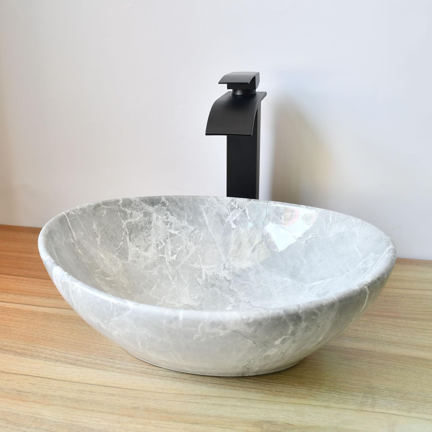 Grey Bathroom Sink Oval Vessel Sink with Waterfall Faucet and Drain Combo 16 Inch Marbling Ceramic Vessel Sink for Above Counter Artistic Bowl Sink