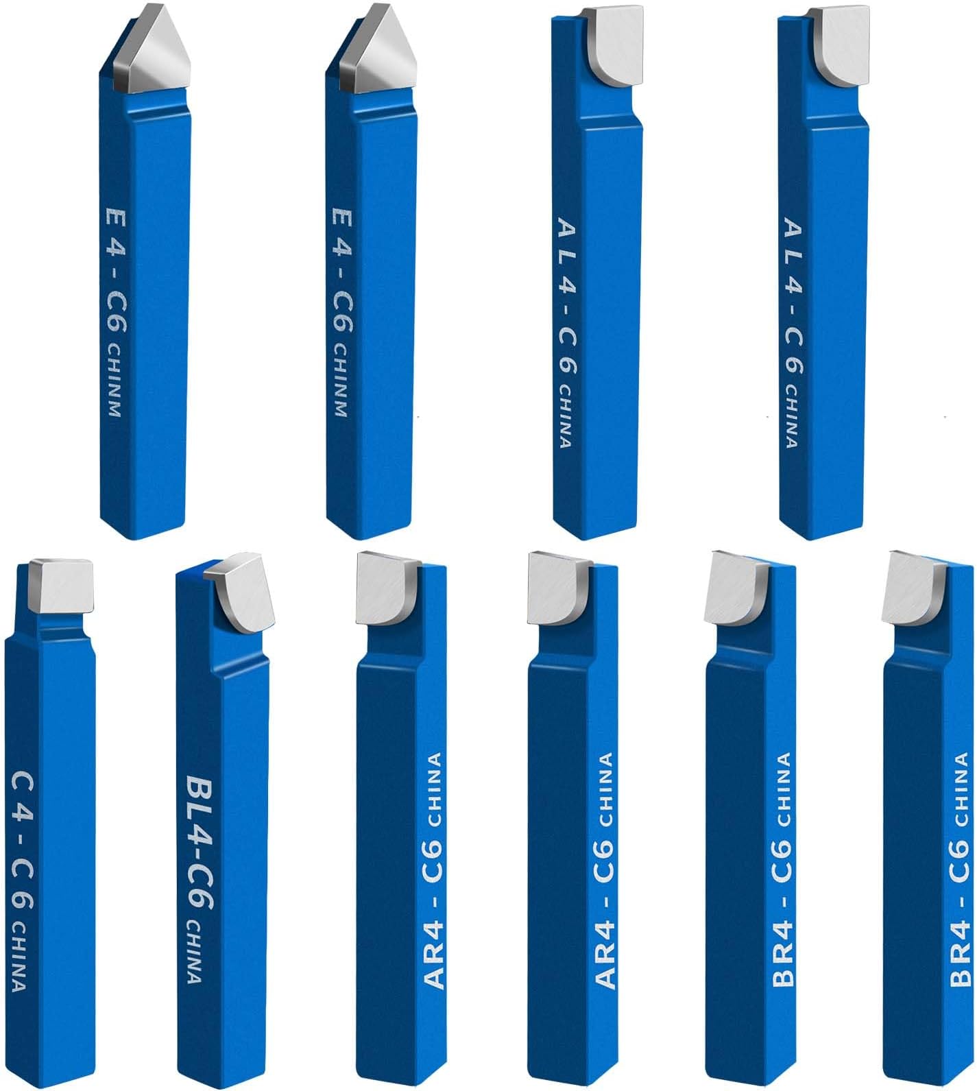 10PCS 1/4" Metal Lathe Tooling Carbide Tip Tipped Cutter Tool,C6 Bit Cutting Set,for Metal Lathe Turning, Boring, and Chamfering