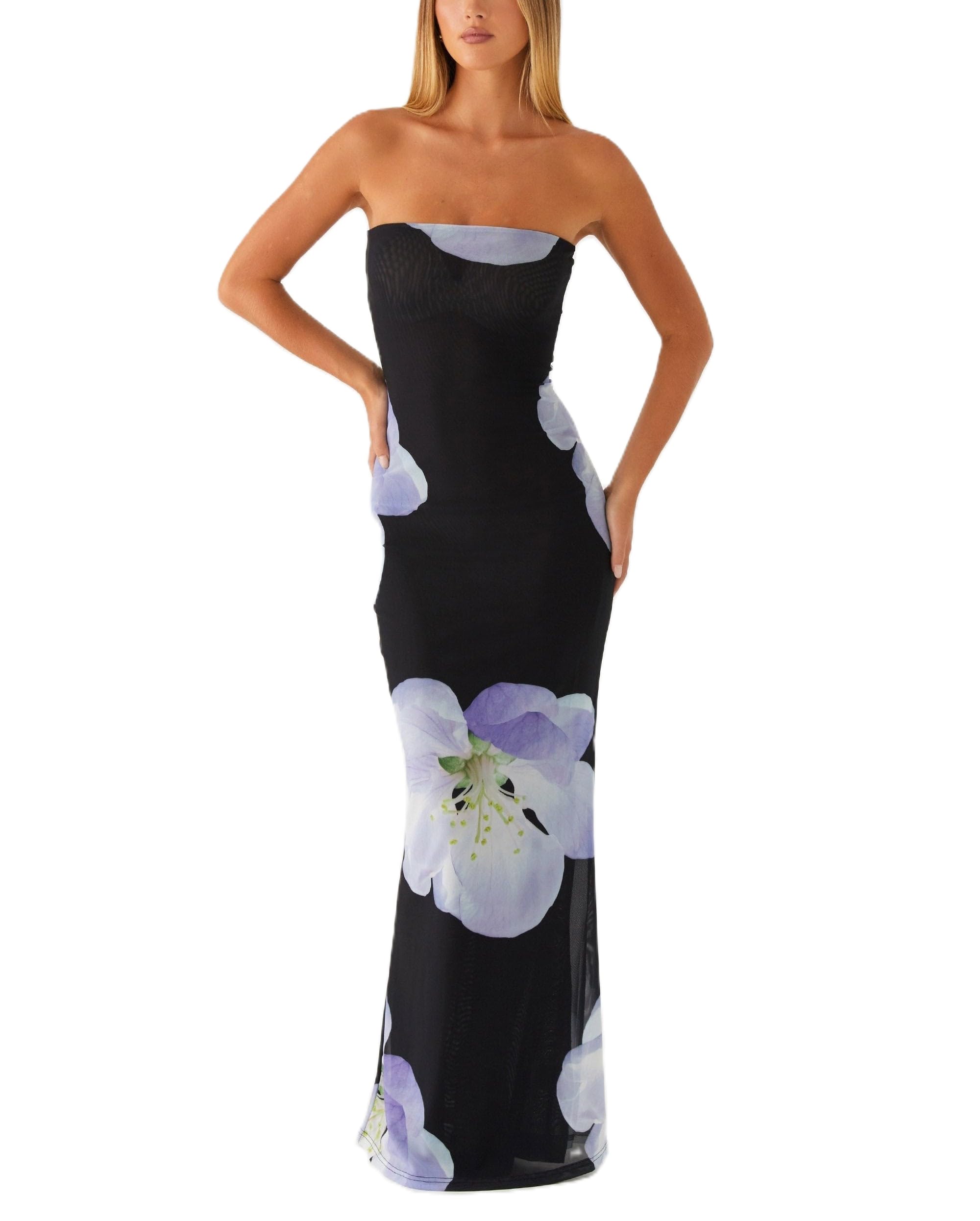 Women Floral Formal Strapless Dress Sexy Backless Maxi Long Dresses Y2K Sleeveless Mesh Bodycon Tube Summer Sundress Black Purple Small