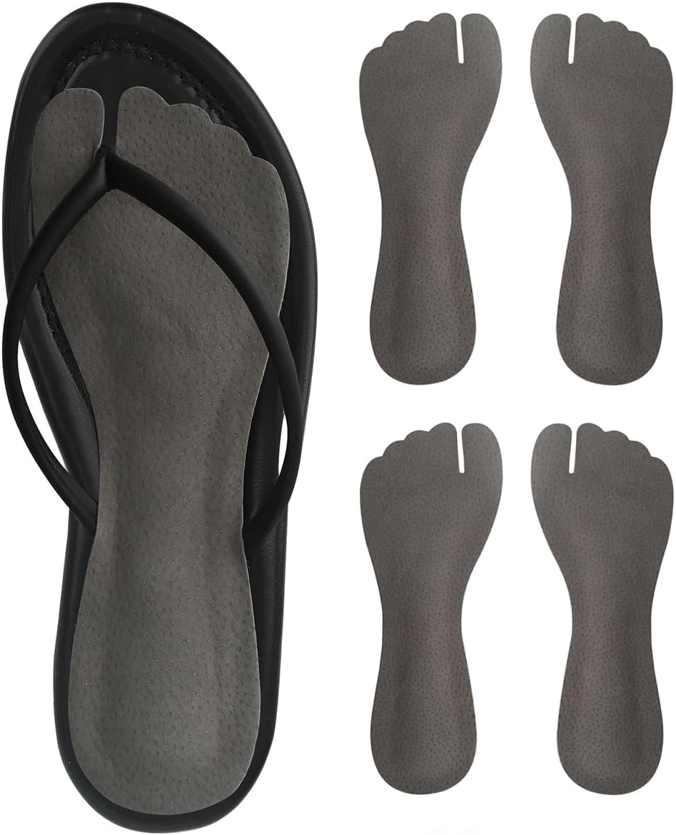2 Pairs Pigskin Flip Flop Insoles Anti-Slip, Self Adhesive Cushion Insert for Thong Sandals Pain Relief, Arch Support Sandals Slippers Insoles Prevent Calluses, Black Gray, 5-7.5