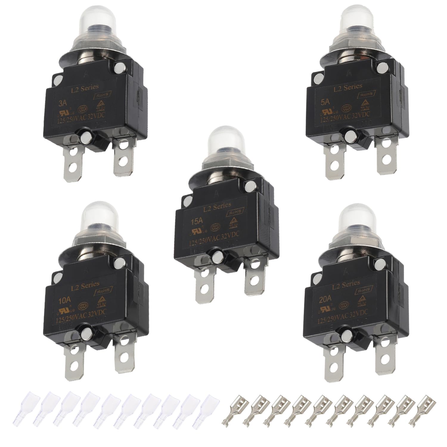 EPLZON 15A Manual Reset Push Button Circuit Breaker 125/250V AC 32V DC Generator Circuit Breaker with Crimp terminals and Waterproof caps kit(Pack of