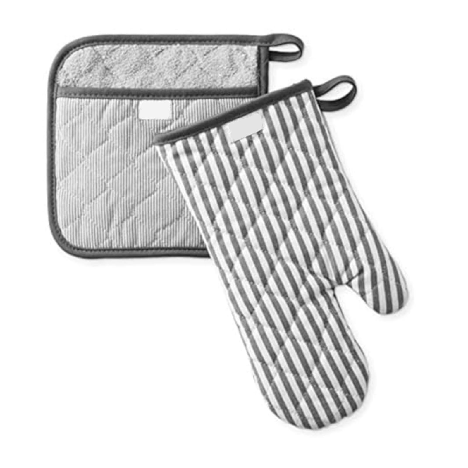 Set moufle de four et manique rayés, accessoires de cuisine gris