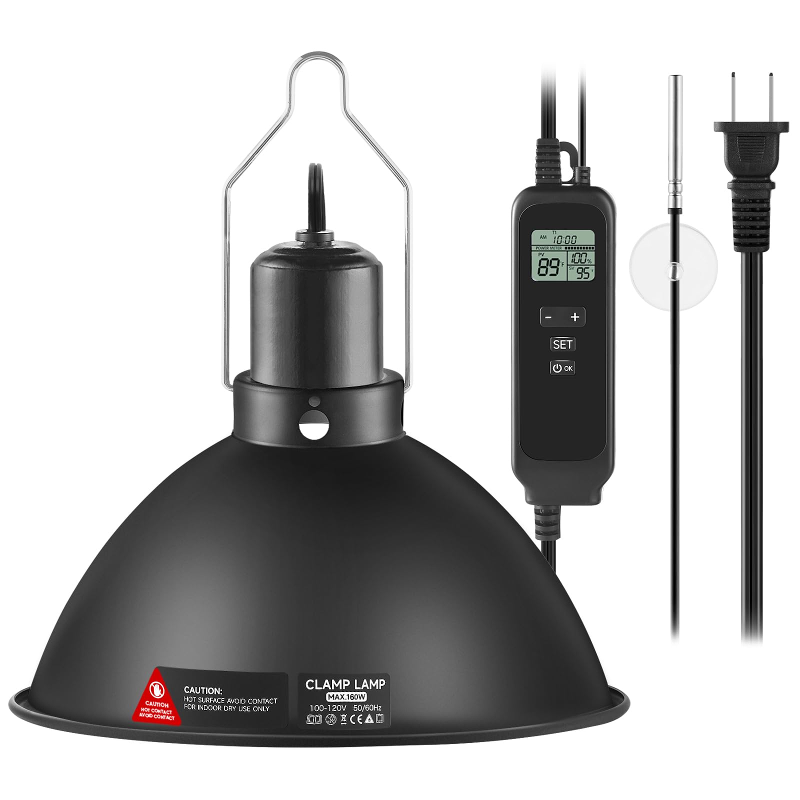 8.5 inch Reptile Heat Lamp Fixture with Thermostat and Timer,Reptile Light Fixture with Dimming Thermostat Max 150W,PID Temperature Controller for UVB Lights,Basking Heat bulbs and Terrariums