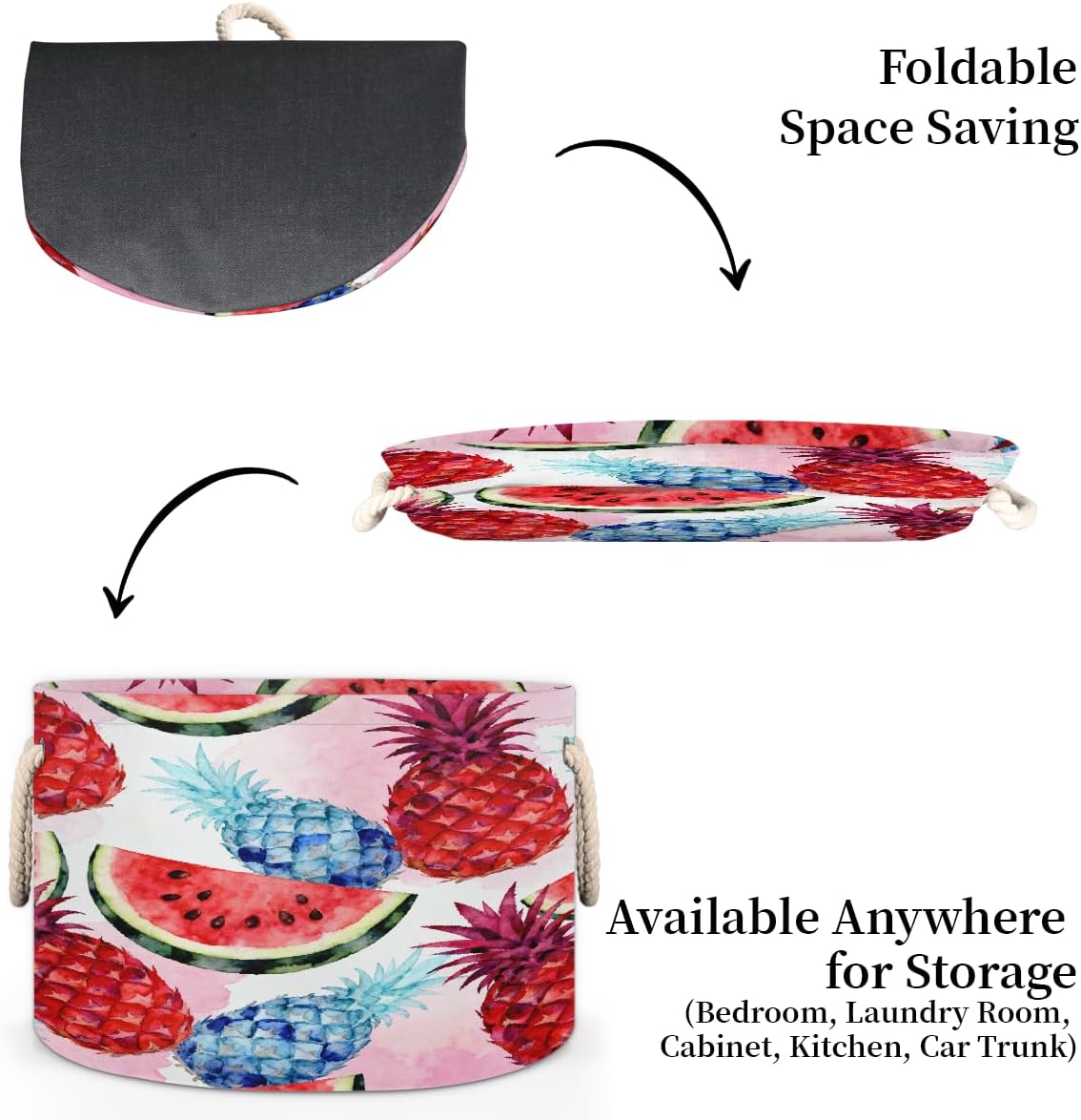 Large Storage Baskets - Pineapples Watermelon Nursery Round Collapsible Organizer Bin Box, Laundry Hamper for Kids Toys, Blanket, Bedroom Living Room Home Decor, Gift Basket, 19.4"x13.3"