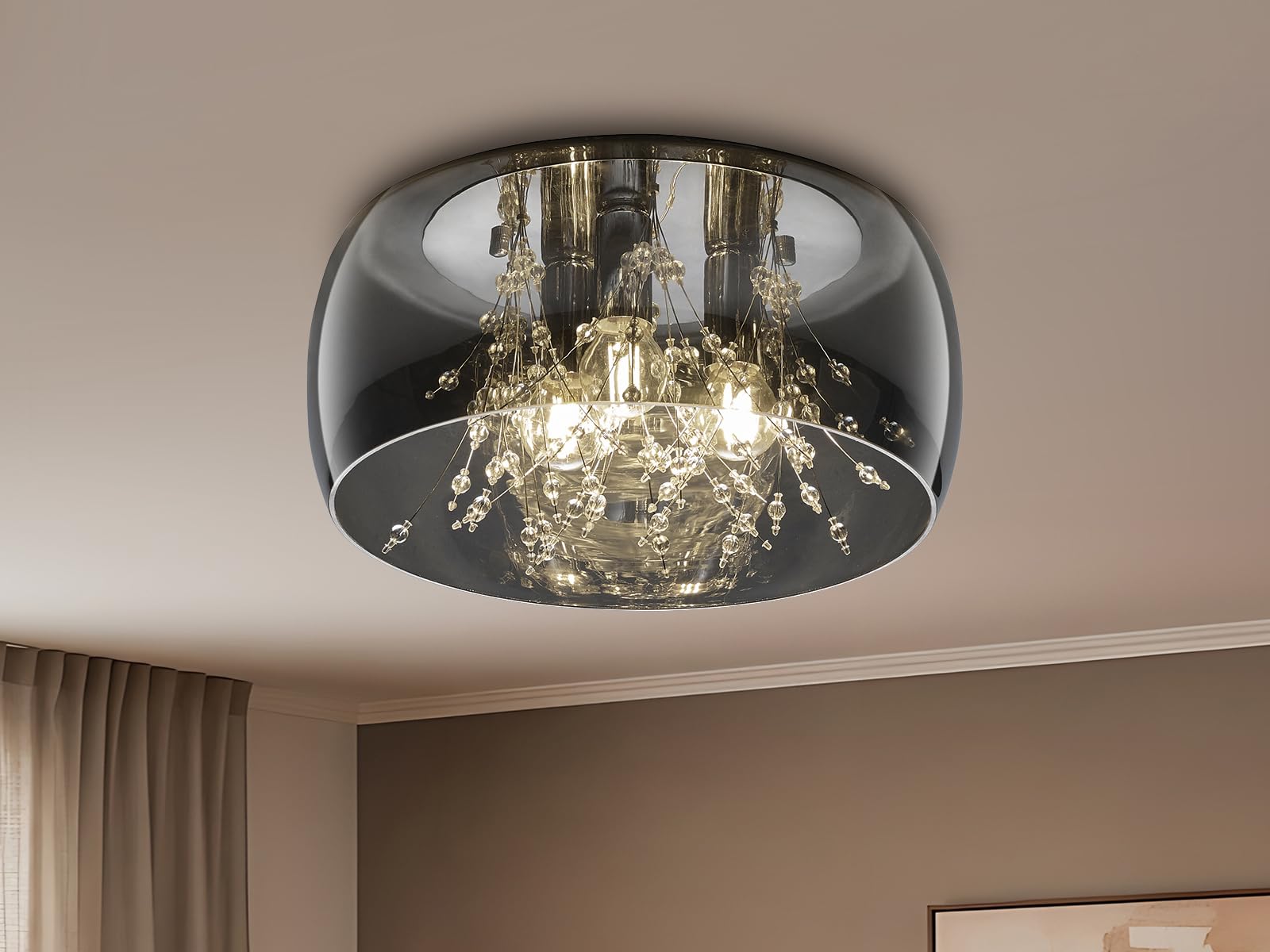 meineWunschleuchte Deckenleuchte Ø 34cm Glas Schirm Chrom verspiegelt in Rauchglas Optik mit Kristallbehang