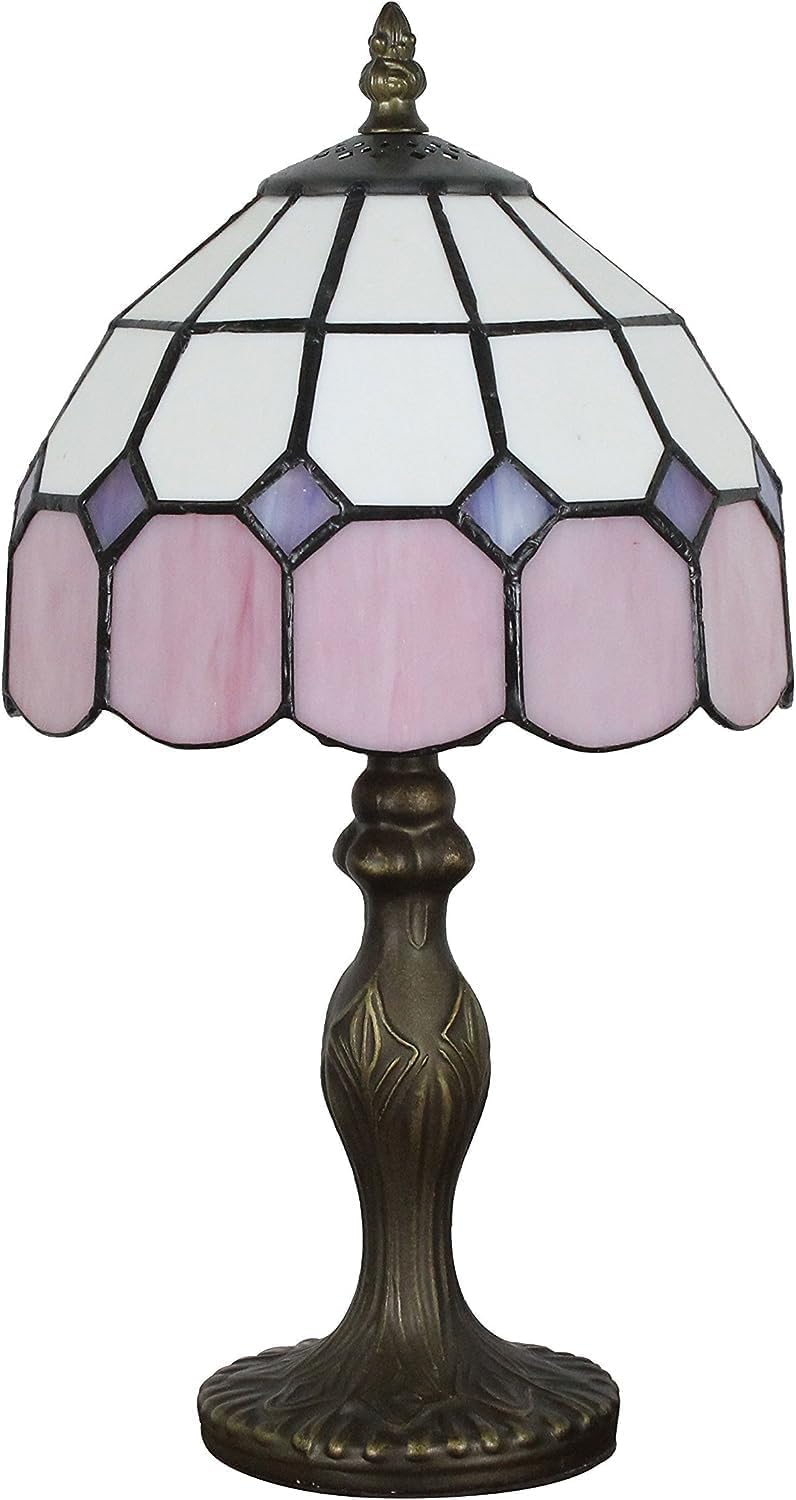 8 Inch Pink Tiffany Style Lamp – Handcrafted Stained Glass Table Light, Geometric Vintage Desk Lamp for Girl's Room, Office, Study, and Bedside Decor