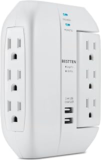 BESTTEN 1350-Joule Wall Mount Surge Protector, 6-Outlet (3 Swivel and 3 Side-Entry) Extender with 2 USB Charging Ports (2.4A Total), ETL/cETL Certified, White