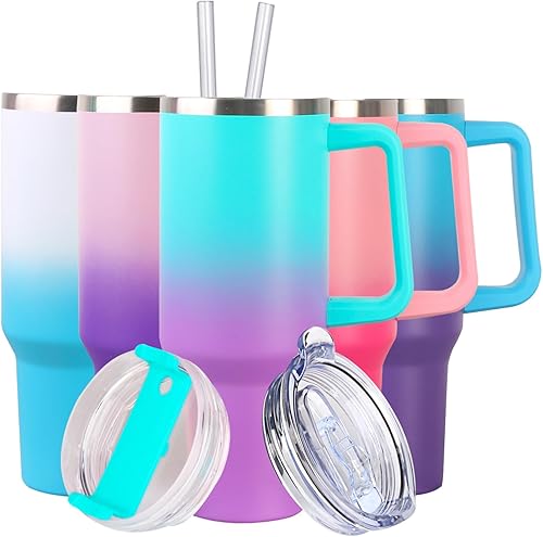 Miniatura 8 de Vaso de 40 onzas con asa y popote, vaso aislado de acero inoxidable con tapa a prueba de fugas y tapa con popote, botella de agua reutilizable, taza