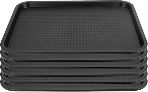 QWORK Bandeja de plástico para comida rápida, paquete de 6 bandejas rectangulares de 12 x 16 pulgadas, bandeja antideslizante ligera, color negro