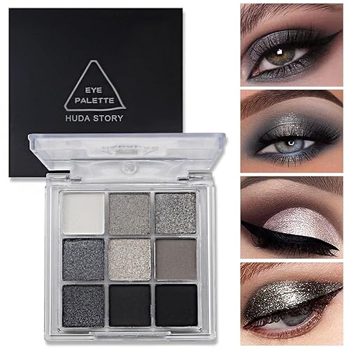 Miniatura 2 de GL-Turelifes Paleta de sombra de ojos negro mate y perla, maquillaje de sombra de ojos ahumada, sombra de ojos gris con purpurina plateada con