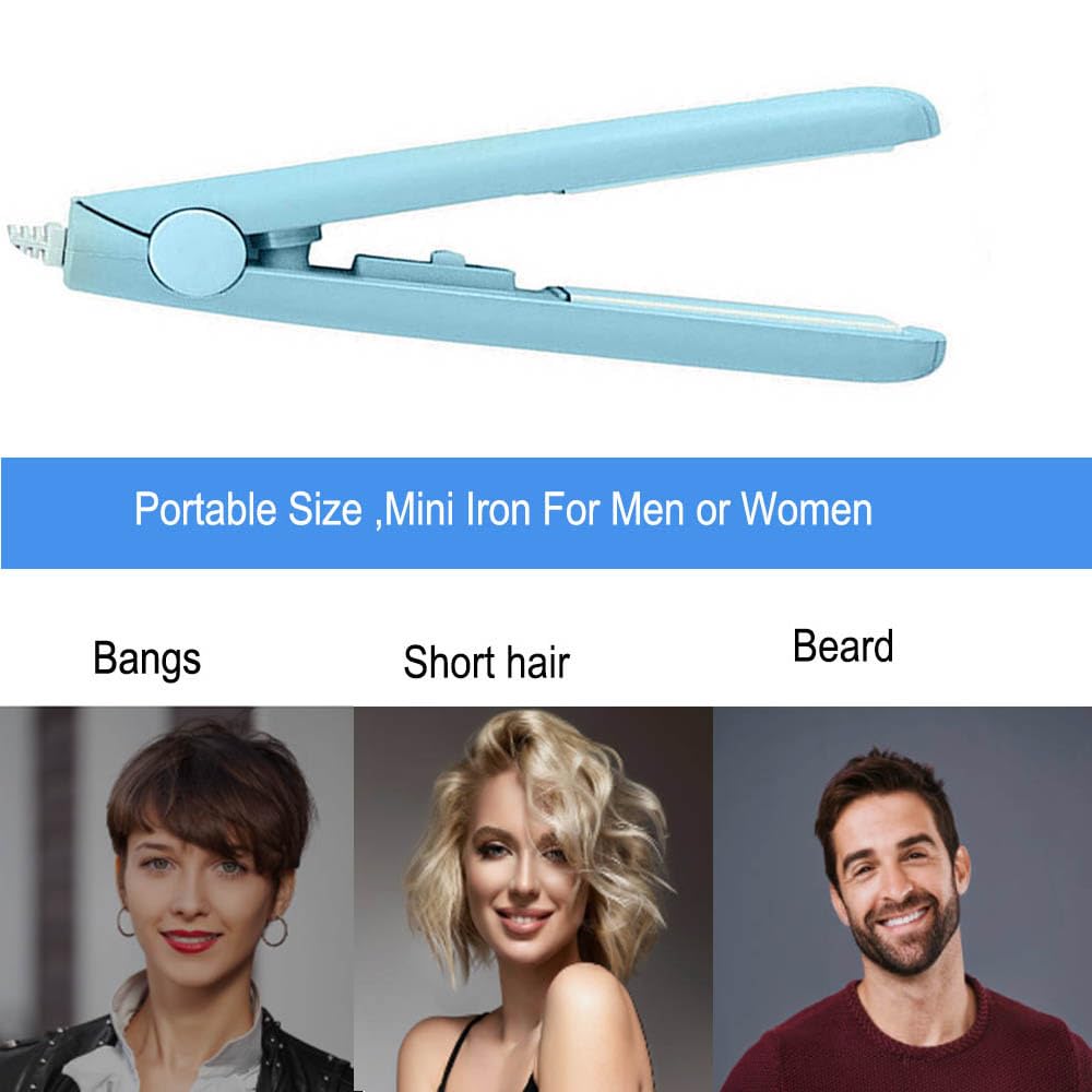 Mini Hair Straightener for Short Hair,Travel Straighteners and Curlers in One for Women Men Styling (Blue) - Image 2