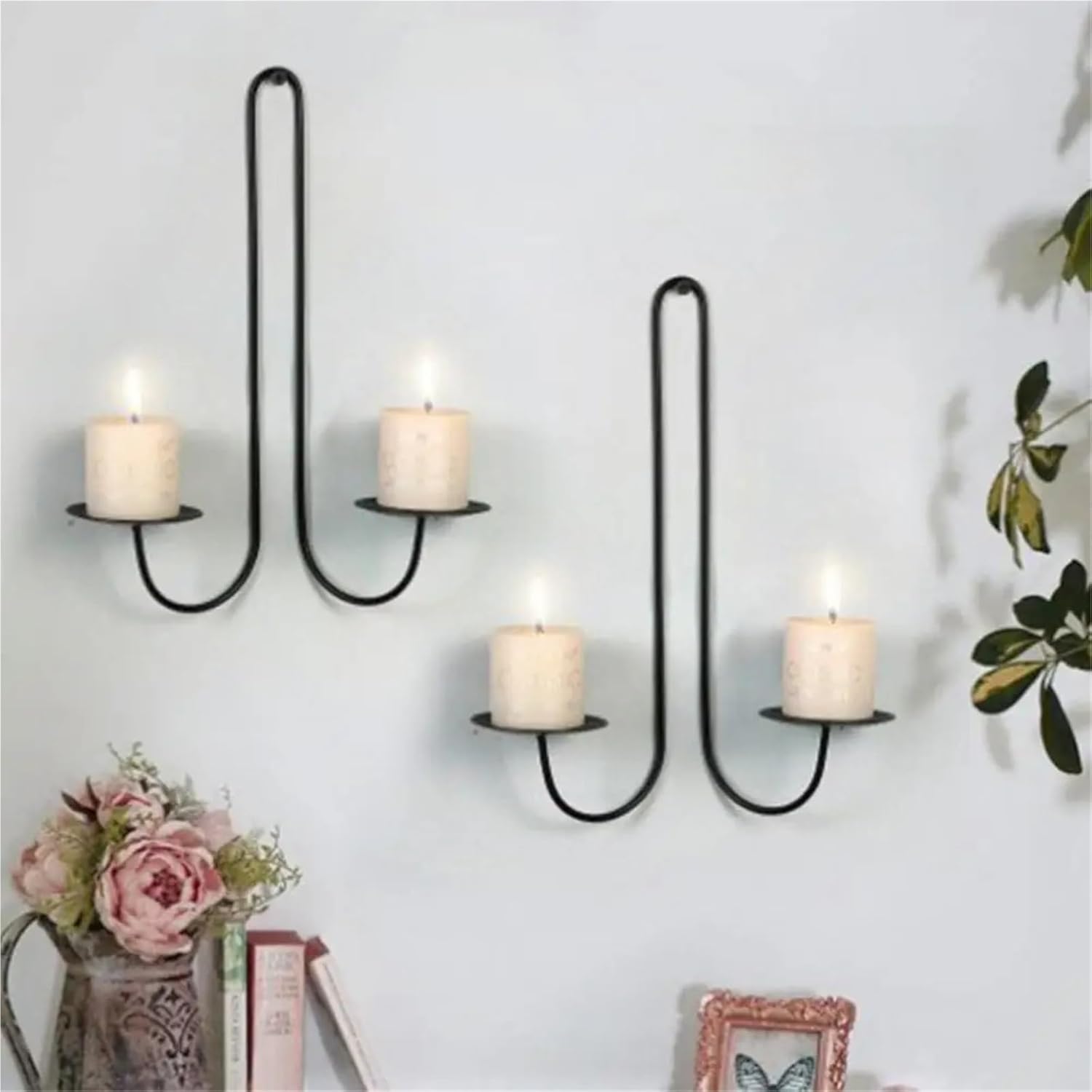 Metal Wall Candle Holder 1 Pair Iron Candle Holder Libra Style Wall Hanging Candle Sconce Decorative Candle Tray for Living Room Dining Room Home Decor for Living Room(Black B)