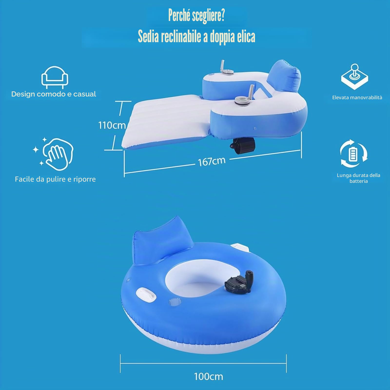 Comodo galleggiante per piscina motorizzato con telecomando, acqua galleggiante per prendere il sole, poltrona a sdraio gonfiabile per piscina, per il relax all'aperto sulla spiaggia del lago in pisci