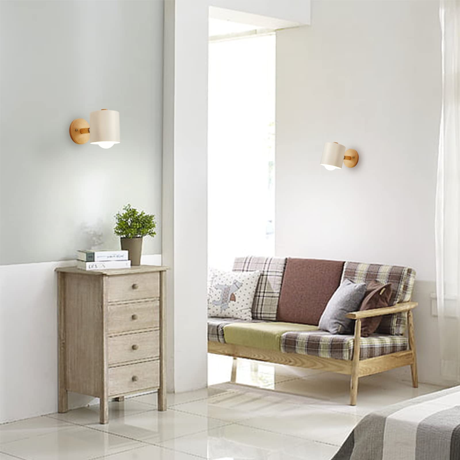 2 Pezzi Applique da Parete Interni E27 Lampada da Parete Legno Regolabile Lampada da parete con Paralume in Metallo Faretto Luce per Comodino Ufficio Soggiorno Lettura, Bianco