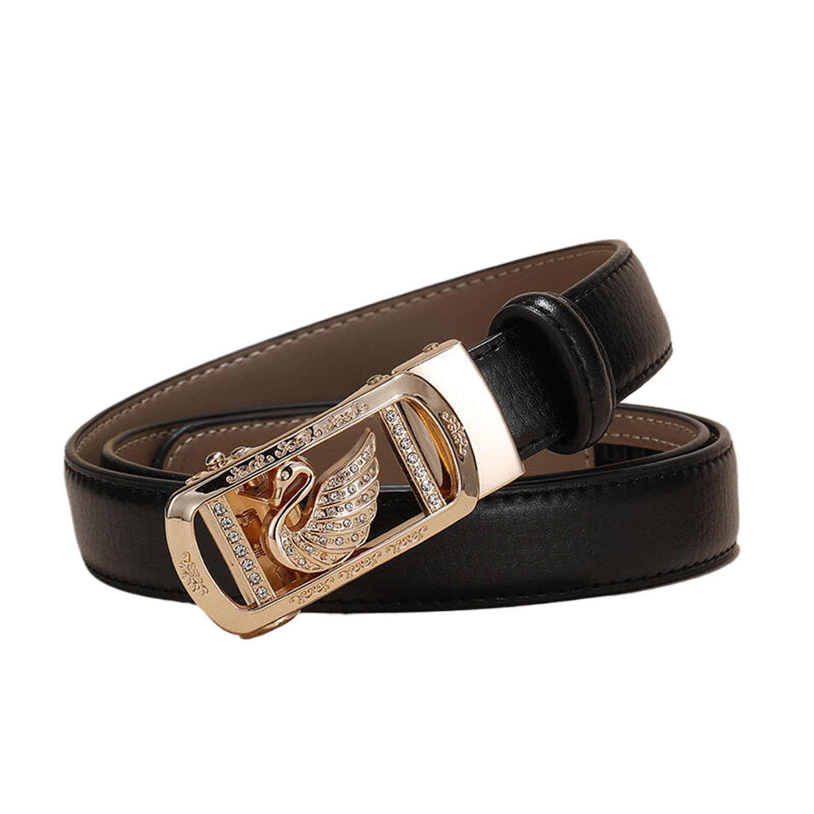 Jiary Unisex Black ,115Cm/45.3'',Ratchet Belt For Women, Womens Leather Fashion Belts With Animal Swan Pattern Alloy Automatic Buckle