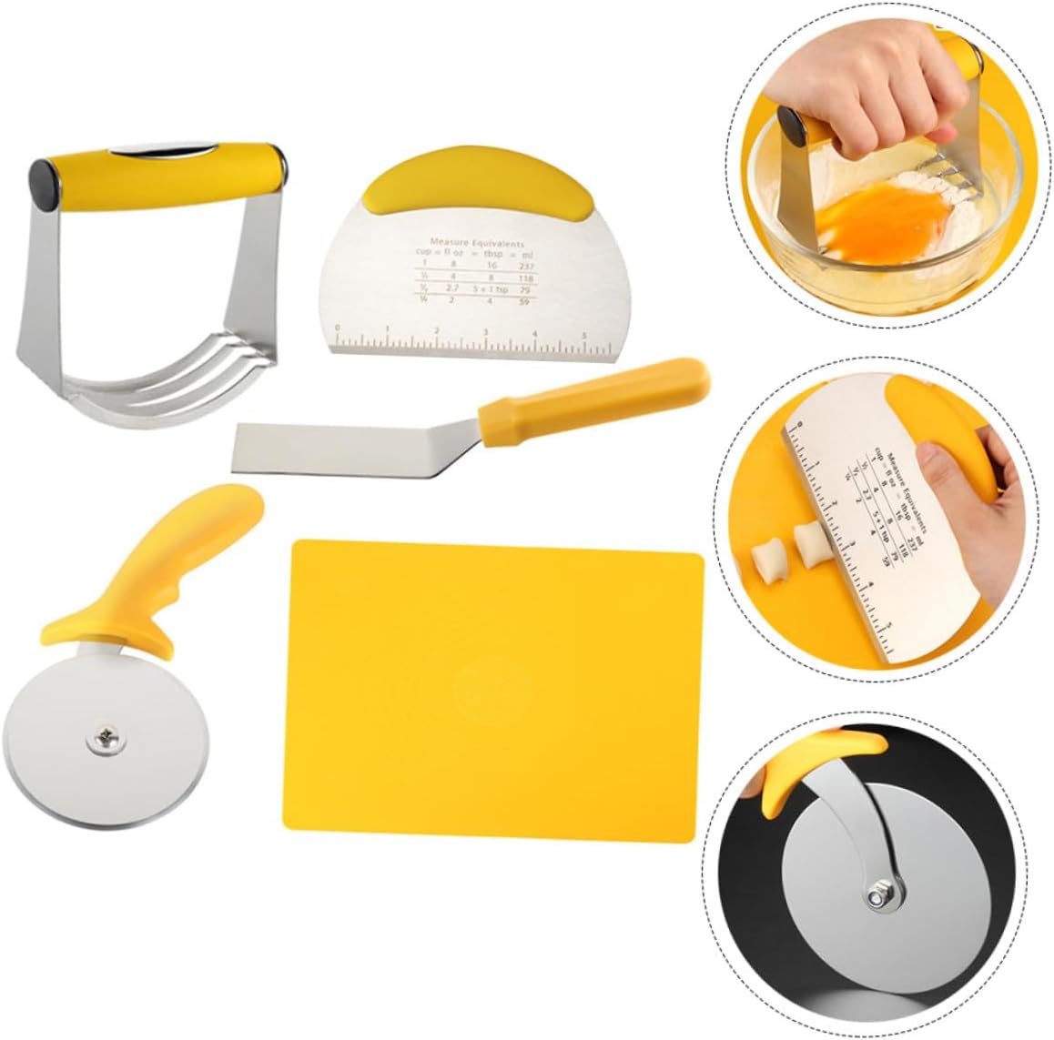 SOLUSTRE 5pcs Stainless Steel Pizza Shovel and Cutter Set with Silicone Dough Kneading Mat and Measurement Scale, Kitchen Dough Tools for Baking and Cooking