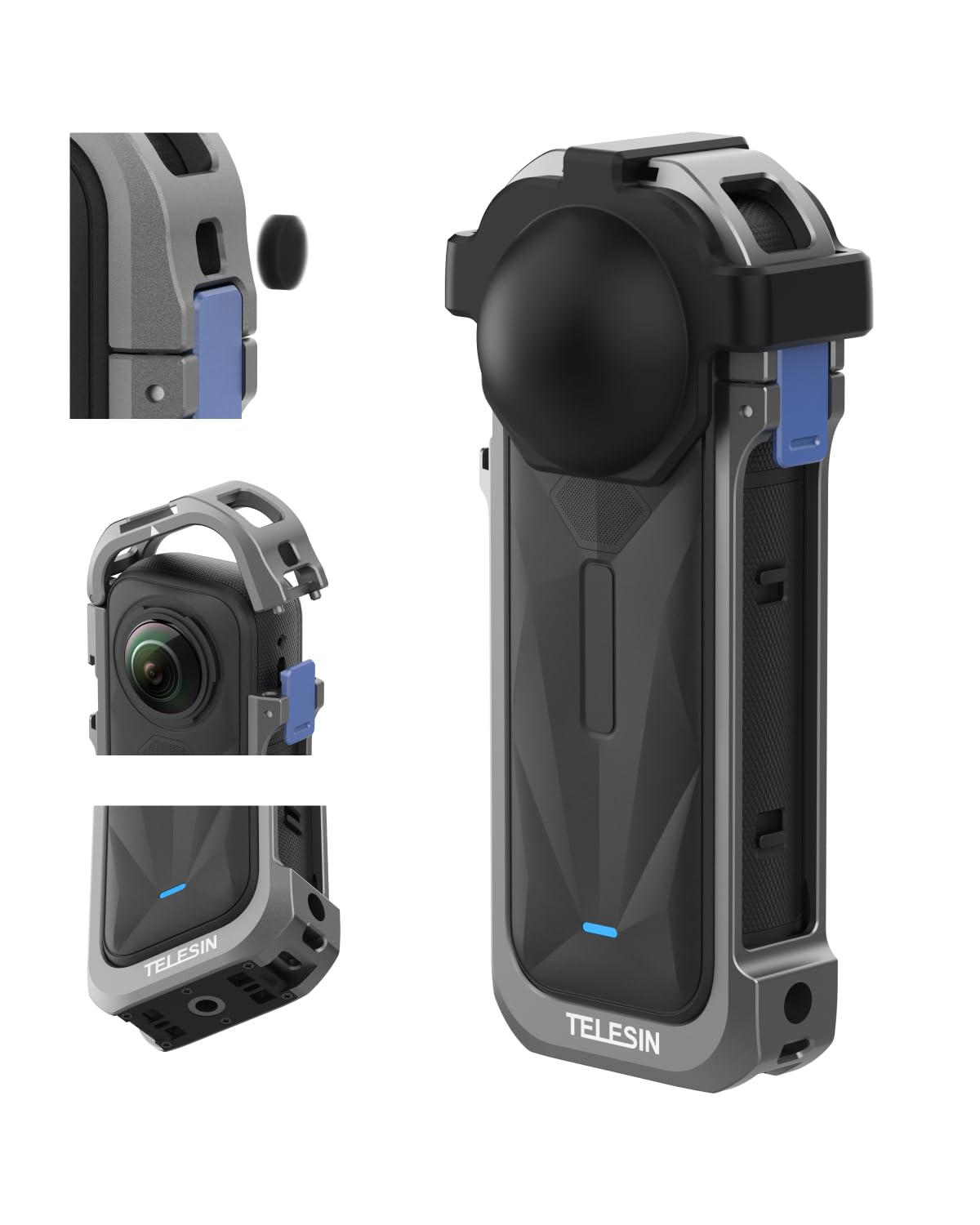TELESIN Aluminiowa osłona + silikonowa osłona obiektywu do Insta360 X5, but zimnego światła