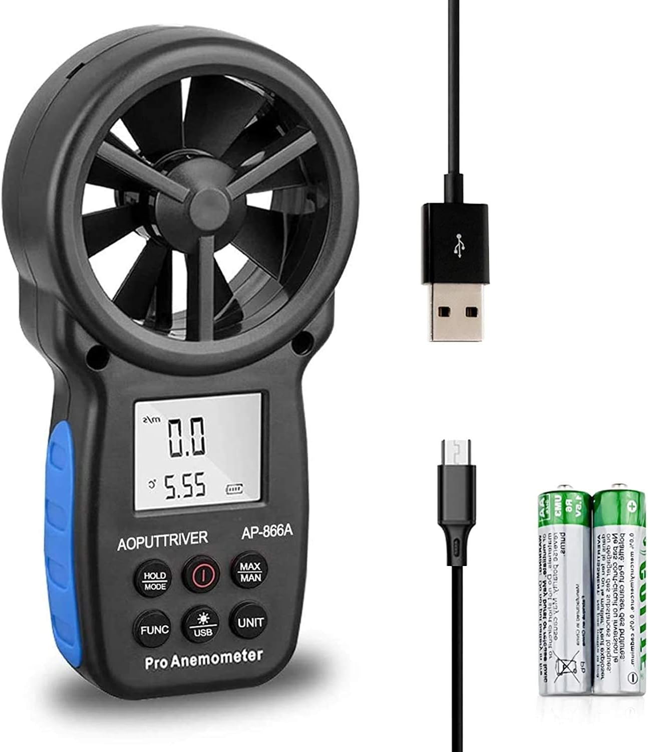 Pro HVAC Anemometer, AP-866A CFM Meter with USB Connect to PC, Air Flow Meter Measure Wind Temperature/Speed Wind chill with MAX/MIN/AVG, Backlight LCD Display for Sailing, HVAC with USB Sync to PC