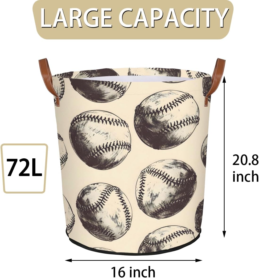 Vintage BaseBall Laundry Basket Collapsible Laundry Hamper with Handles Ball Sport Clothes Storage Bin for Bathroom, Bedroom, Living Room