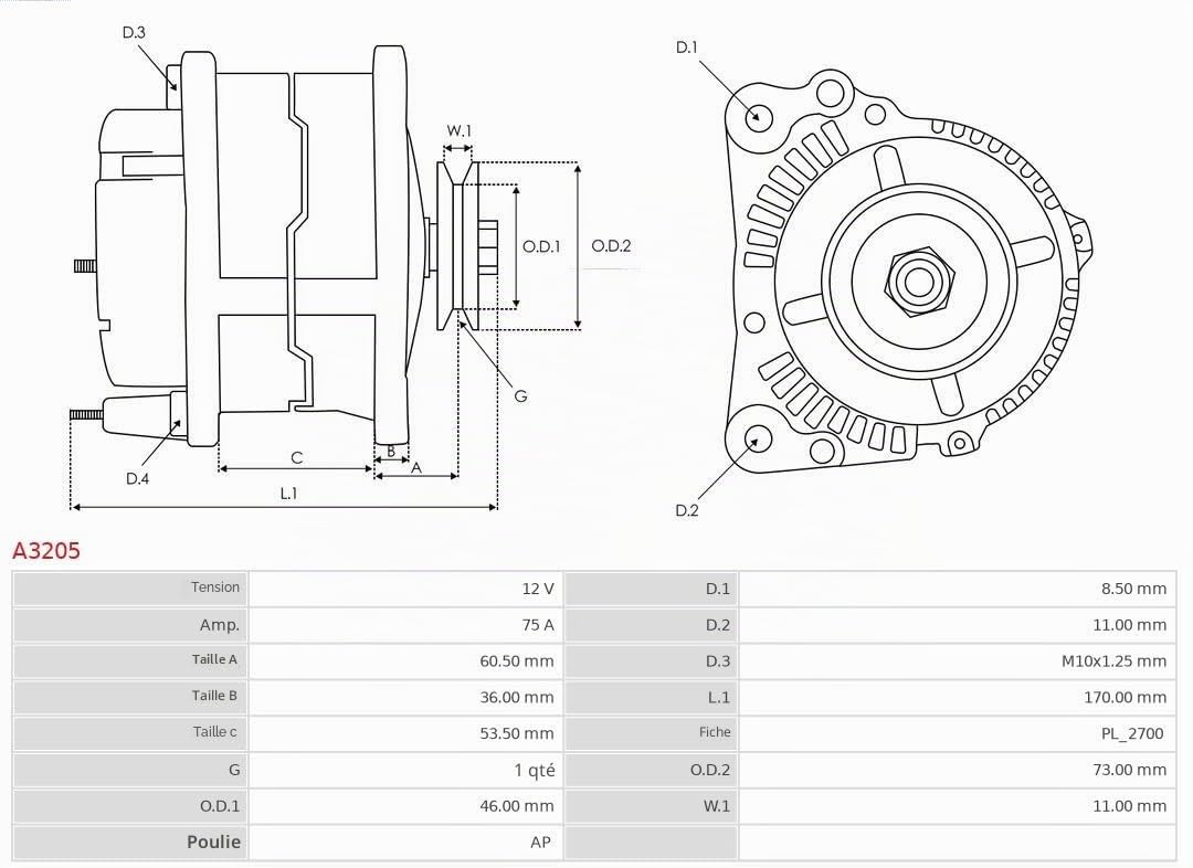 AS-PL Alternateur 90A avec poulie Compatible avec CITROËN C25 Van 280, 290 1516518R 5221 A14N247 A3205