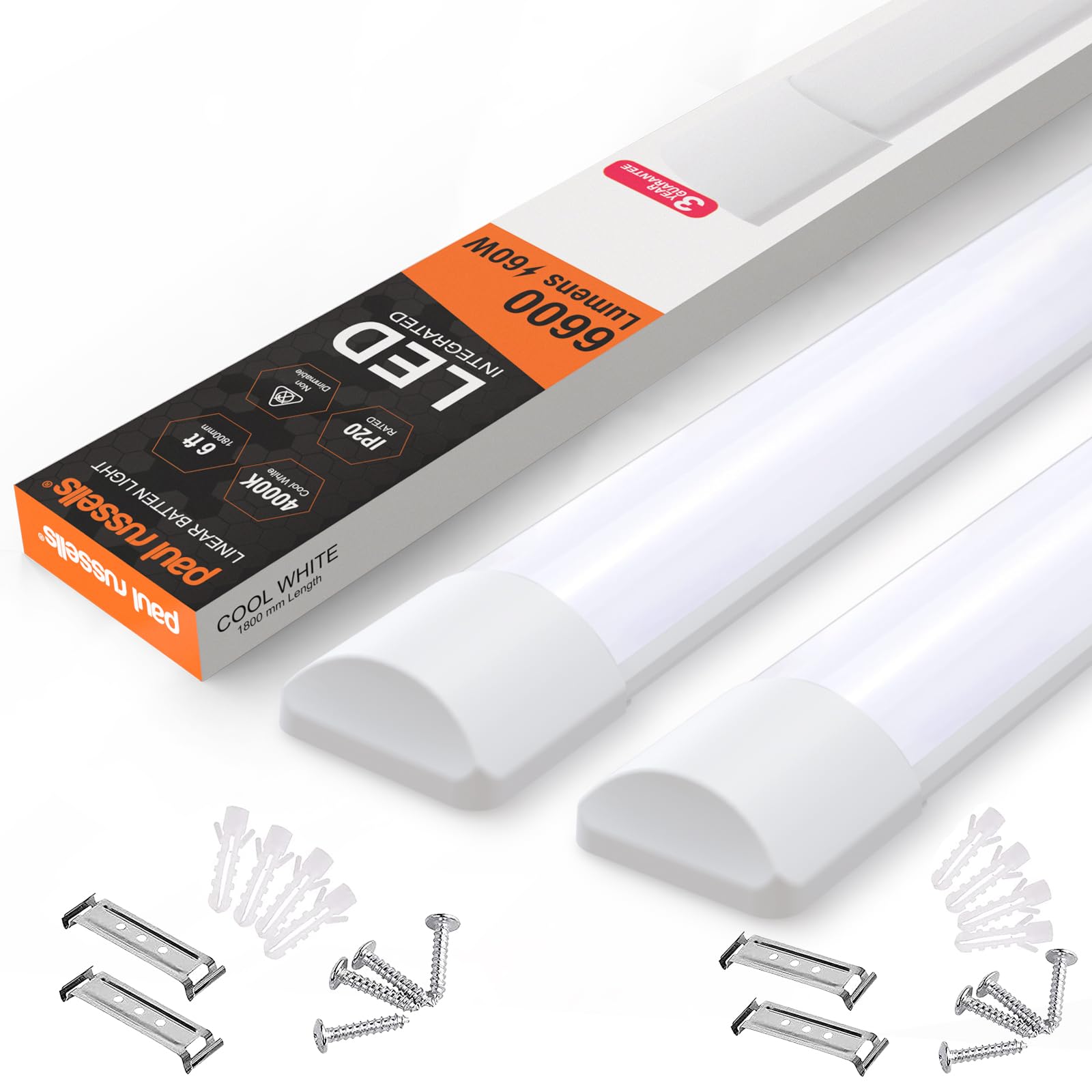 Paul Russells Cool White - 4000K Paul Russell's 6Ft Led Batten Light, Ceiling Fitting Tube Light, 4000K Cool White, 60W, 6600 Lumens, Office, Bathroom, Kitchen, Garage, Warehouse Fluorescent Lighting Replacement, 2 Packs