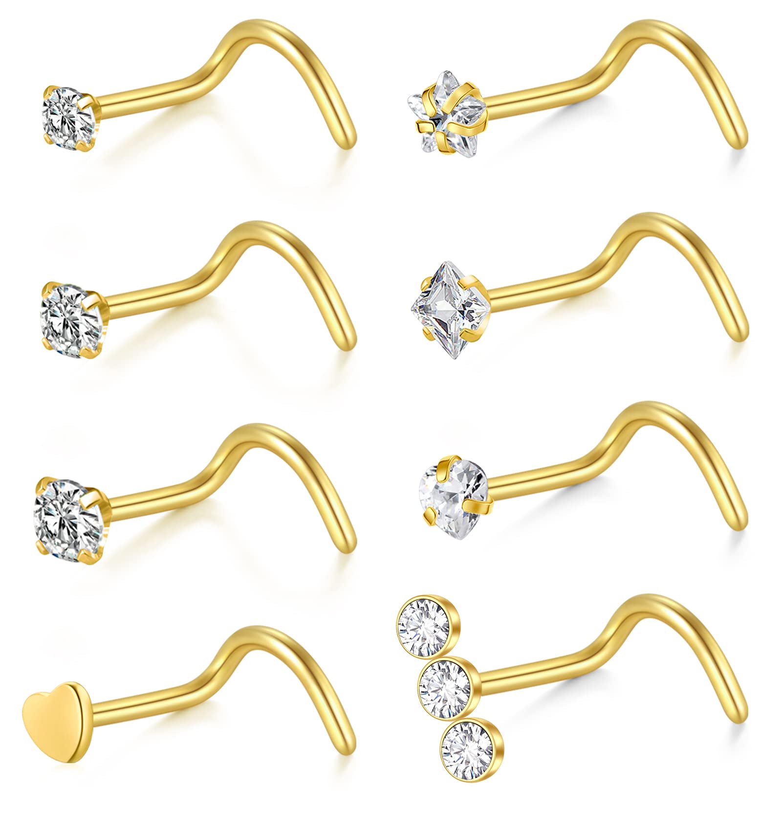 MODRSAMODRSA Nose Studs 20g 22g Nose Stud L Shaped Diamond Nose Rings Stud for Women Surgical Steel Nose Rings Nose Screw Nose Piercing Stud Flower Heart Nostril Jewelry Silver Rose Gold