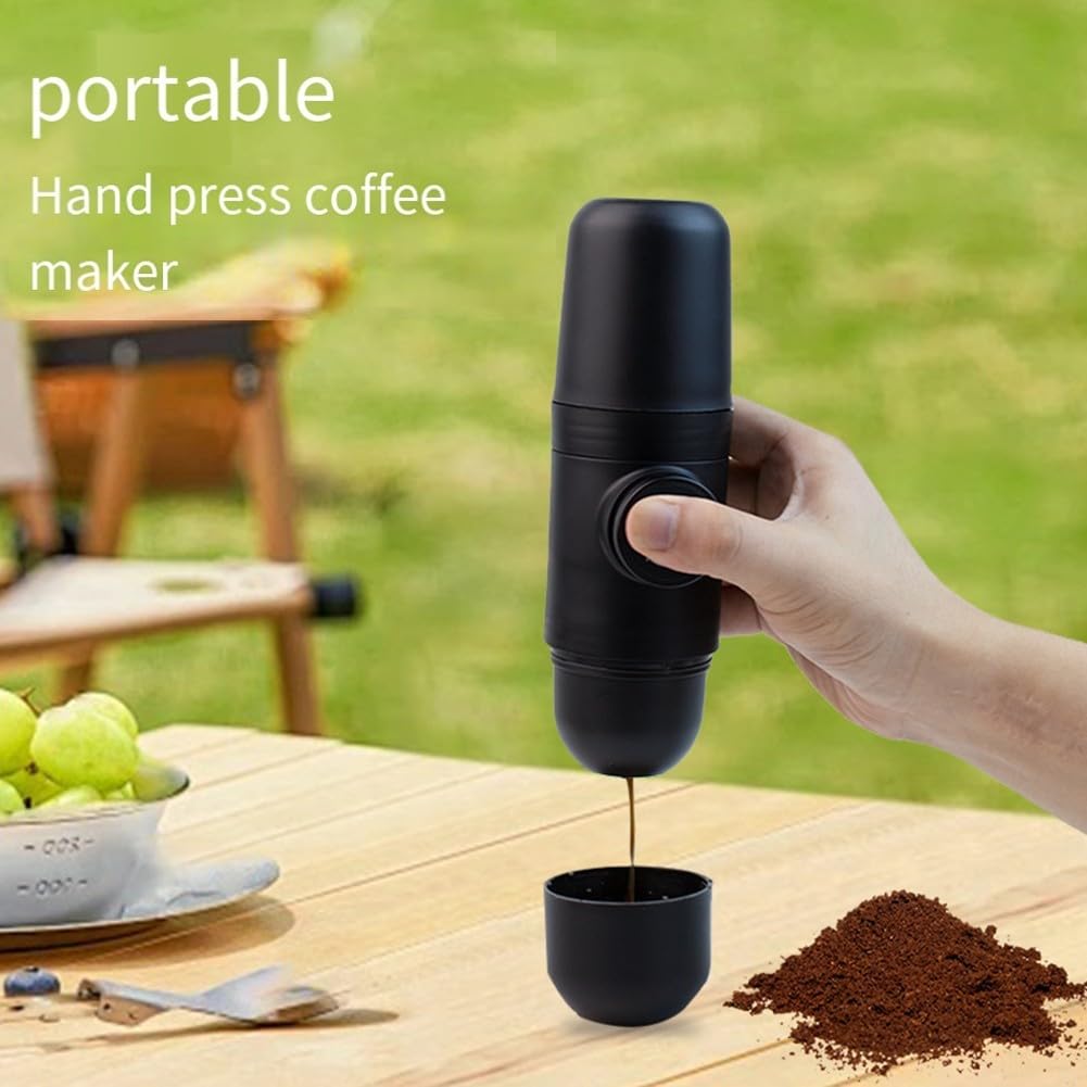 Macchina da caffè espresso manuale portatile da viaggio, design leggero con manico pieghevole, struttura in ABS, compatibile con caffè macinato