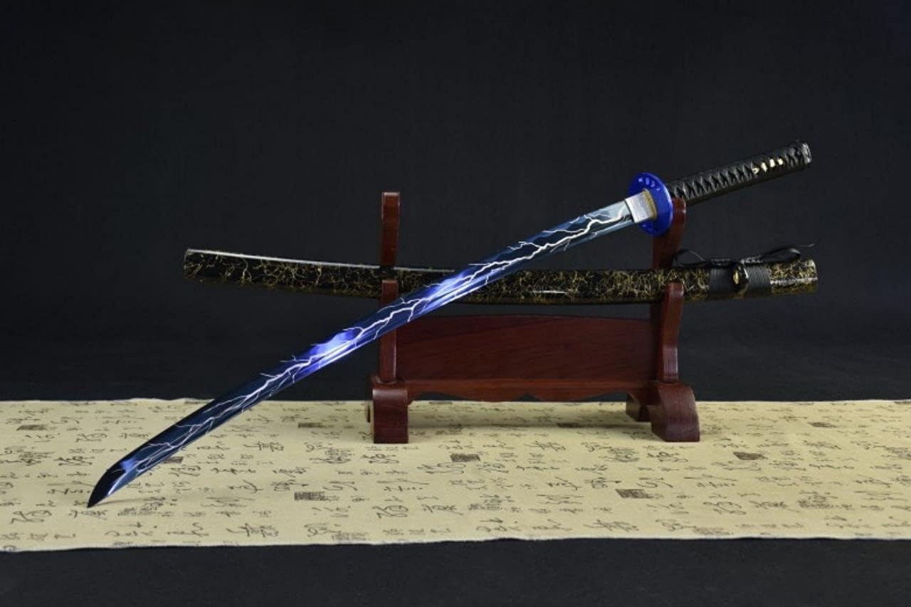 Special Blue Thunder and Lightning Blade Katana Combat High Manganese Steel Japanese Samurai Sword Full Tang Blade Sharp Blue Tsuba Black Gold Saya (Black)