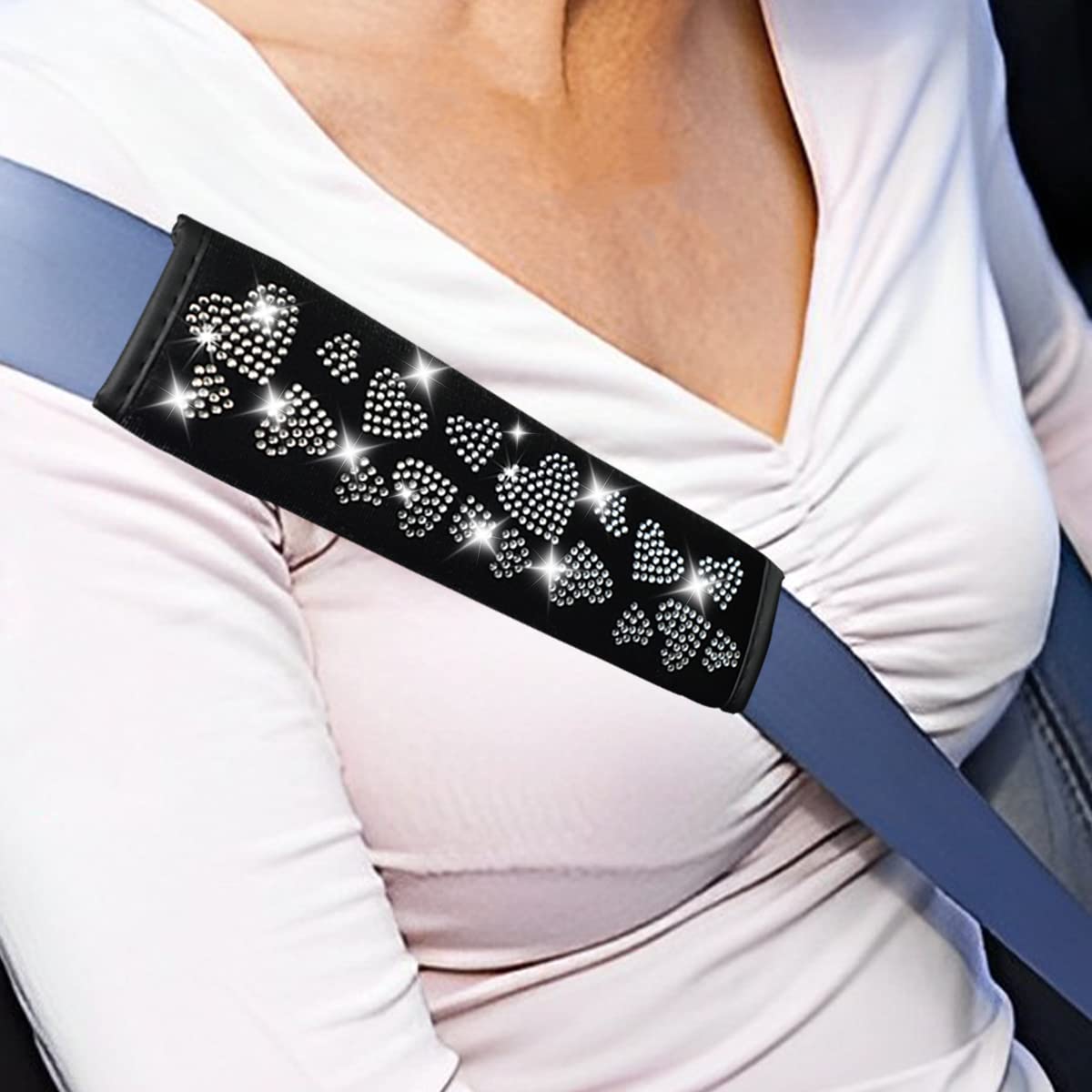 2-Pack Bling Seat Belt Covers - Crystal Rhinestone Shoulder Pad Protector For Car, SUV, Truck (Black) - View #9