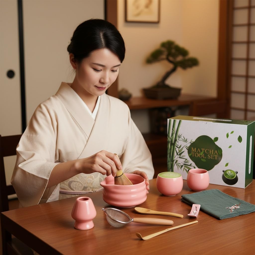 Matcha Tool Set, 10 Piece Traditional Japanese Tea Ceremony Kit with Bamboo Whisk, Ceramic Bowls, Cups, Strainer, Spoons, Holder and Cloth (pink)