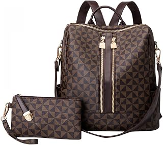 LuckyWin Mochila feminina grande capacidade bolsa escolar couro PU bolsa de ombro casual conjunto de duas peças Mochila de lazer retro anti-roubo de grande capacidade