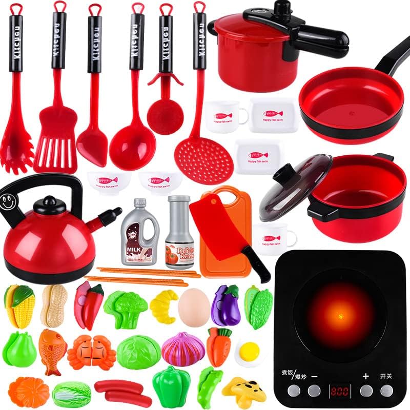 B&K 36 PCS Kids Pretend Play Kitchen Accessories Set, Kids Cooking Toys, Toddlers Pots Pans Playset, Pretend Chef Cookware Utensils, Fake Food, Birthday Gift for Girls Boys Children (RED BLACK 36)