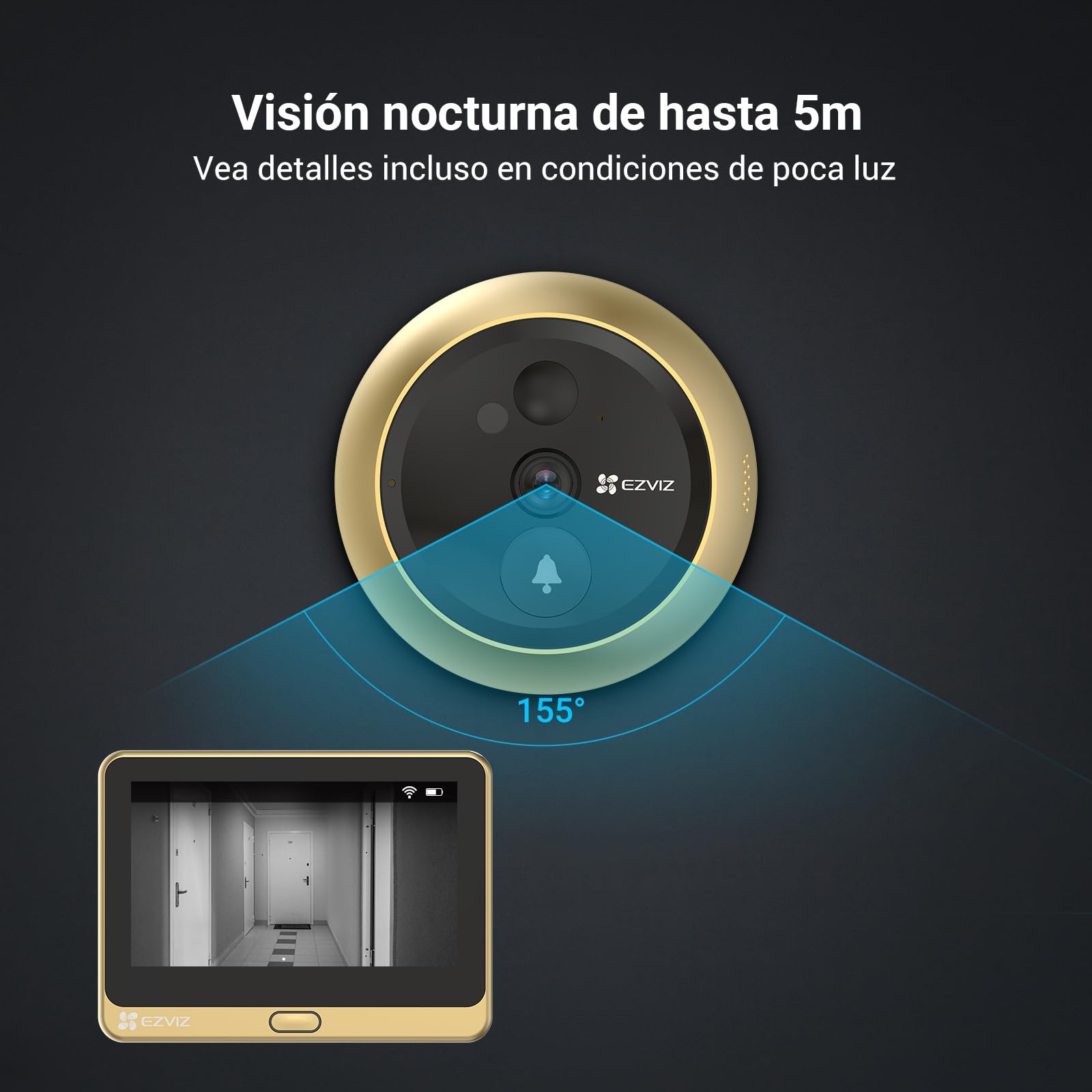 EZVIZ Mirilla Digital de Puerta con Pantalla LCD de 4.3'' Cámara Video Timbre Inalámbrico Monitor con Batería Recargable de 4600 mAh, Detección de Movimiento PIR, Audio Bidireccional, DP2C Dorado