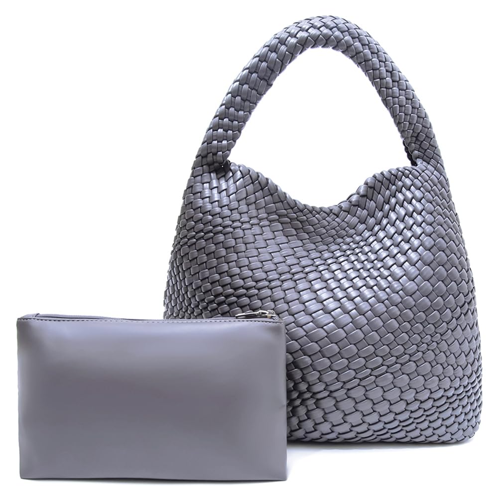 Puxvnizo Women Woven Tote Bag, Soft Vegan Leather Top-handle Handbag, Large Capacity Underarm Bag with Purse