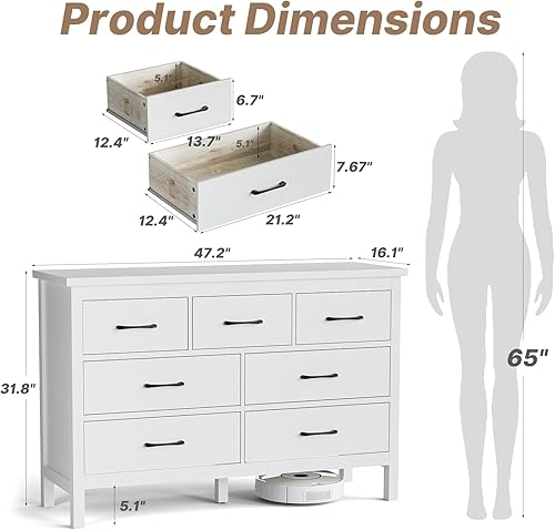 Miniatura 2 de LYNSOM Cómoda blanca para dormitorio, cómoda de 7 cajones con asas de metal, cómoda de madera moderna para sala de estar, entrada y pasillo