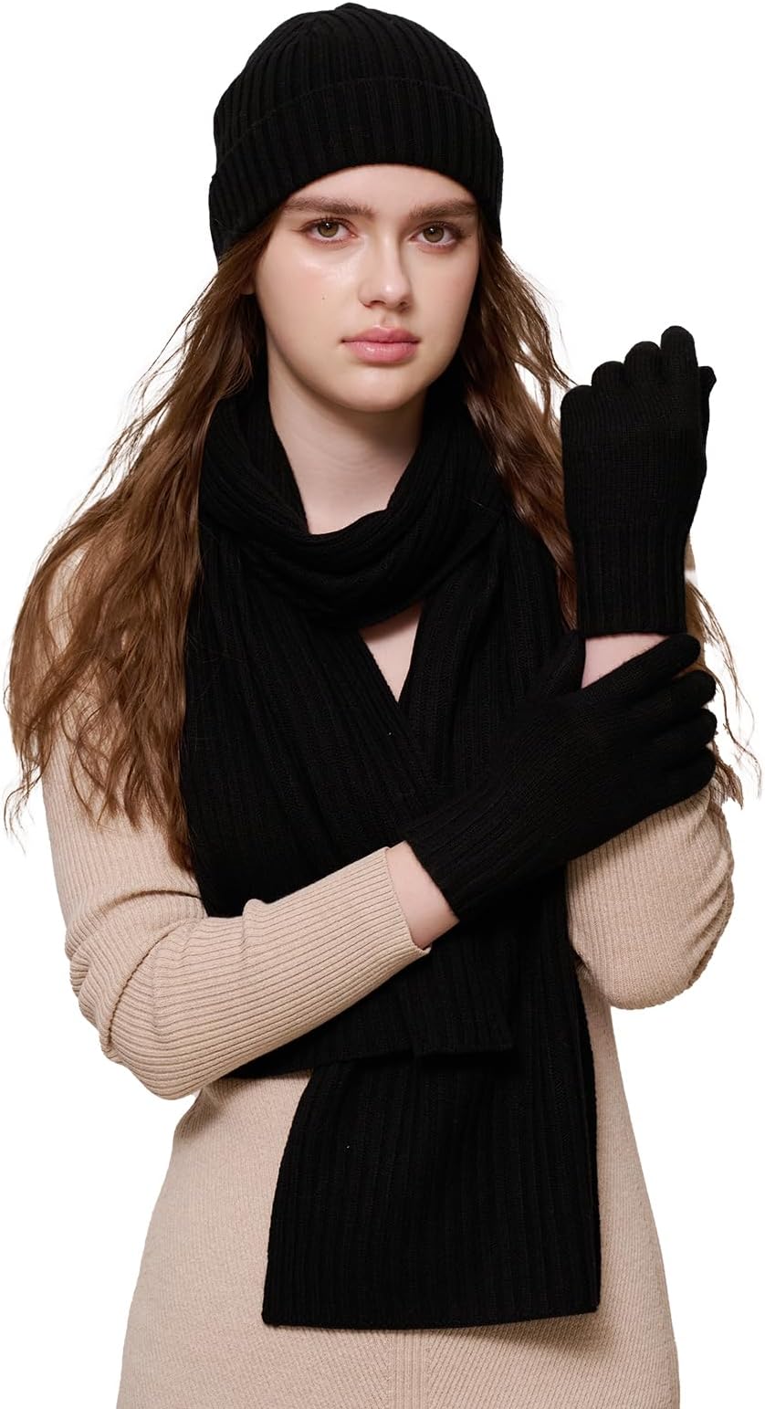 3 in 1 100% Merino Wool Winter Accessory Set, Hat Scarf Glove Set for Women, Super Soft and Cozy for Daily Wear