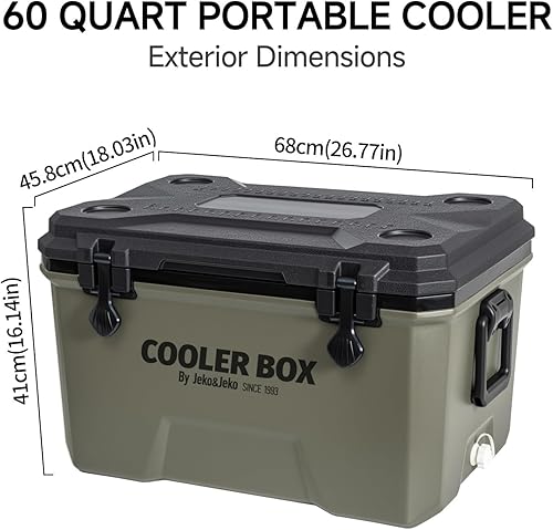 Miniatura 2 de JEKO&JEKO 60/35/25 Enfriador duro portátil con paquetes de hielo, cofre de hielo largo aislado con cierres dobles, abridor de botellas y válvula