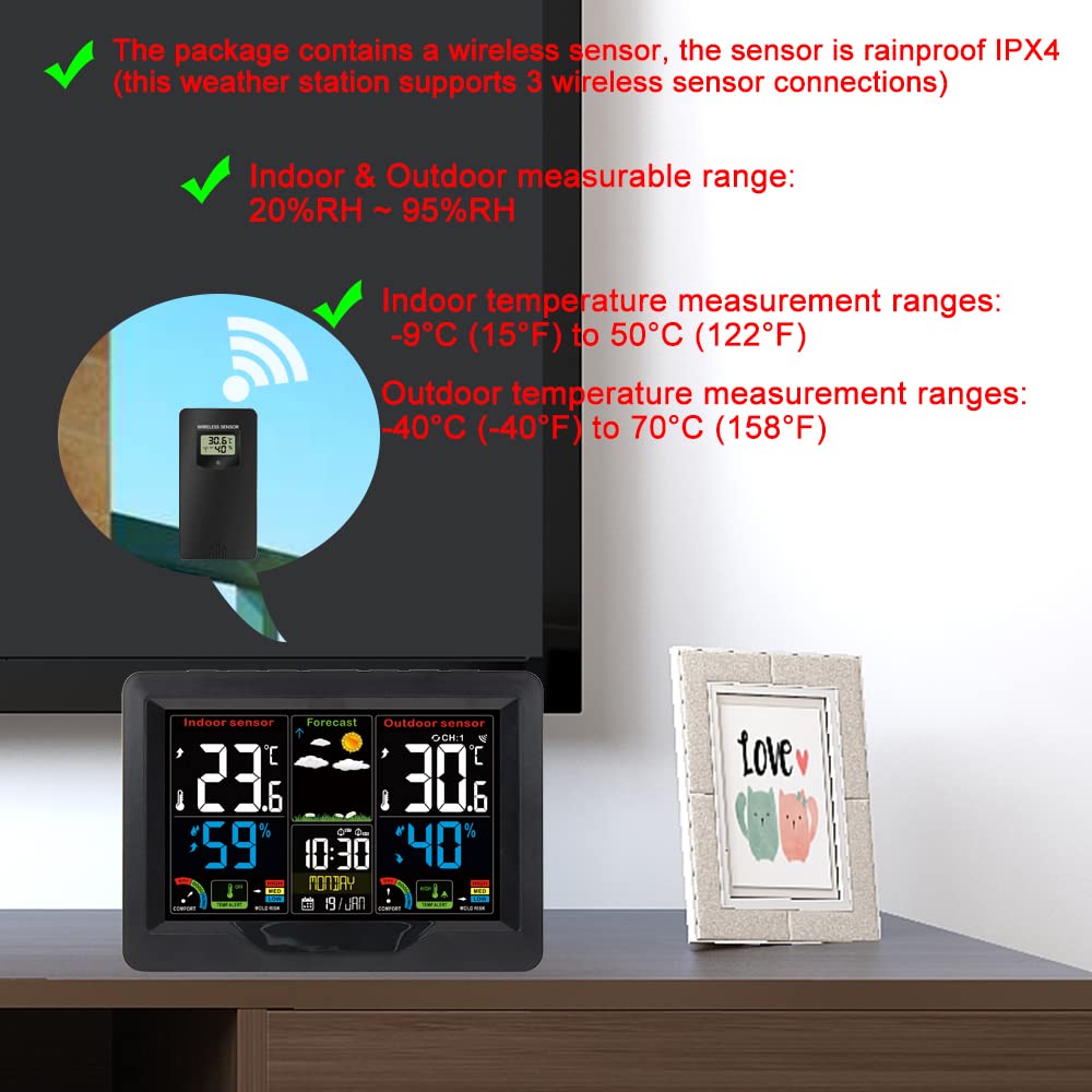 Stacja pogodowa Cyfrowa termometr Higrometr Indoor Temperatura zewnętrzna Miernik wilgotności LCD Wyświetlacz kolorowy wyświetlacz czujnika(3pcs sensors)