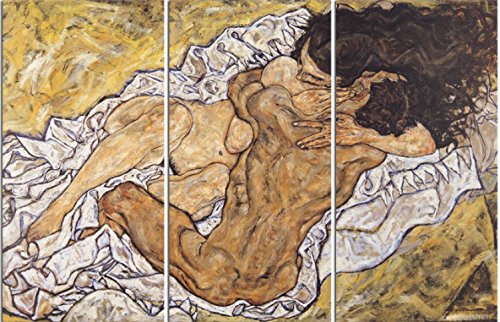 1art1 Egon Schiele Poster Die Umarmung, Die Liebenden II, 1917, 3-Teilig Bilder Leinwand-Bild Auf Keilrahmen | XXL-Wandbild Poster Kunstdruck Als Leinwandbild 120x80 cm