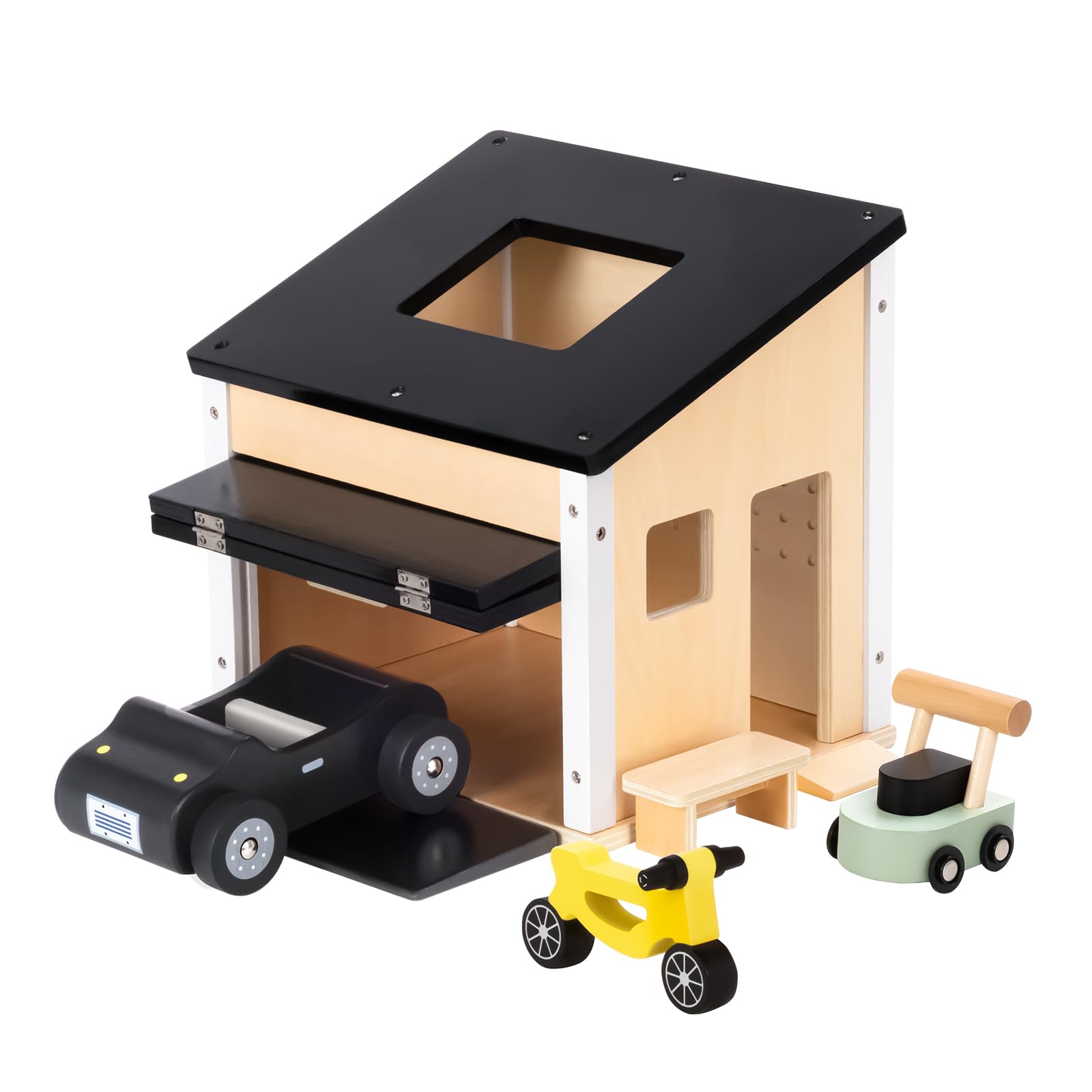 OOOK Wooden Dollhouse Garage Set Includes Workbench, Lawn Mower, Bicycle and Car, Dollhouse Furniture & Accessories for Kids