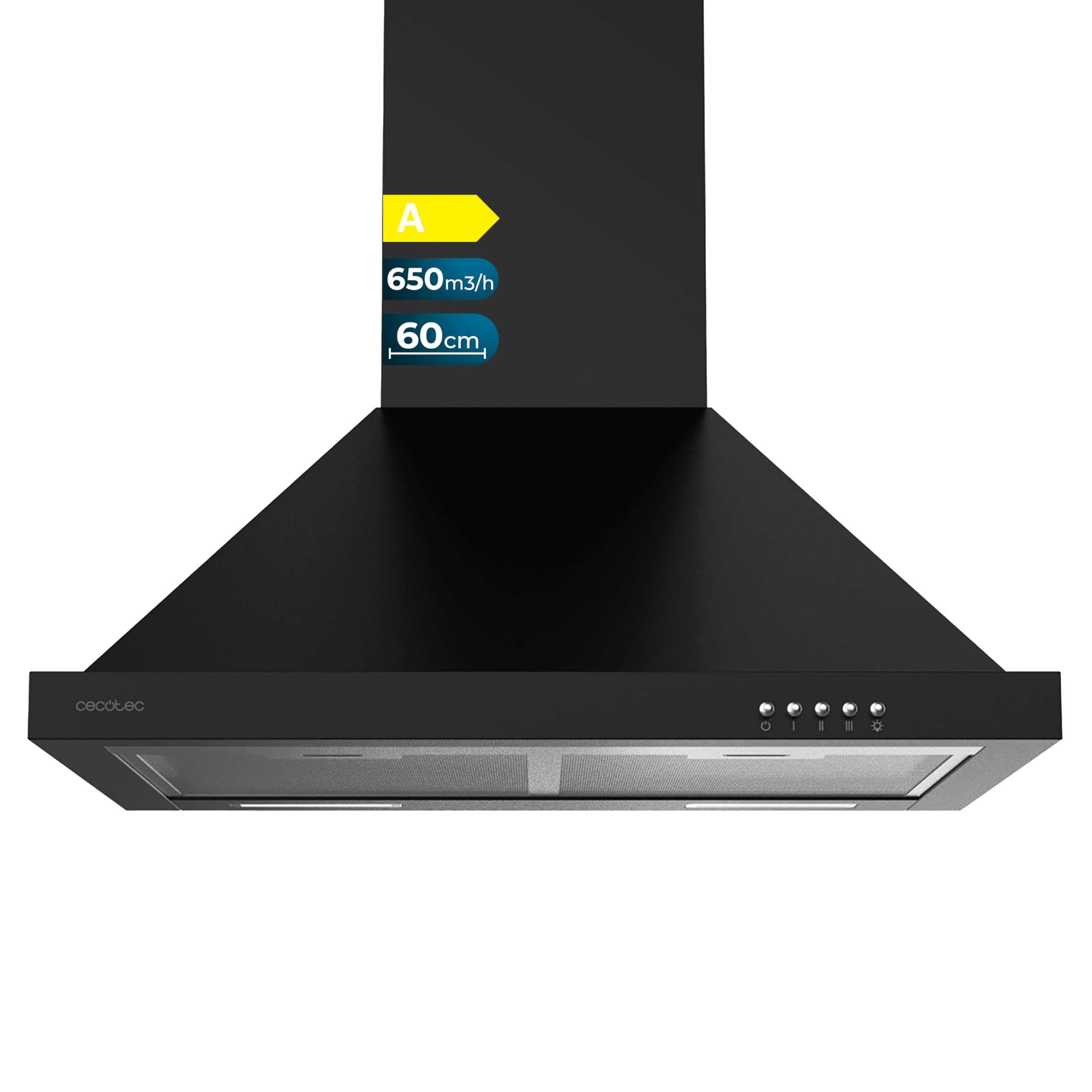 Cecotec Campana Extractora 60 cm Piramidal Bolero Flux PM 606500 Black A. Motor 165W, Acabado Inox, Succión 650m3/​h, Control Mecánico, 3 Niveles de Potencia, Luz y Filtro de Carbono